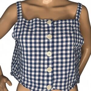 Navy & White Gingham Button-Front Crop Top